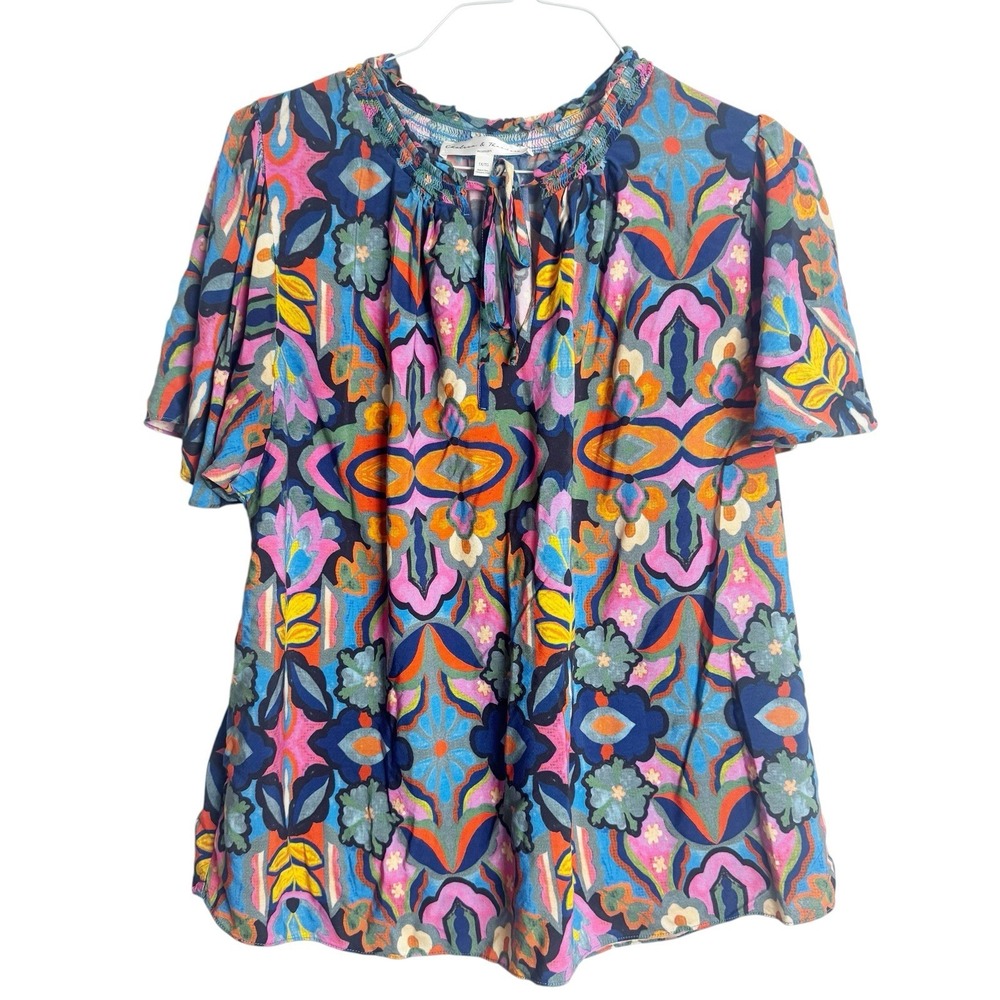 Chelsea & Theodore Women Blouse Flutter Sleeves Neck Tie Size 1X Floral AOP Boho